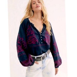 Free People Persuasion Navy & Magenta Oversized Long Sleeve Top | Size Small